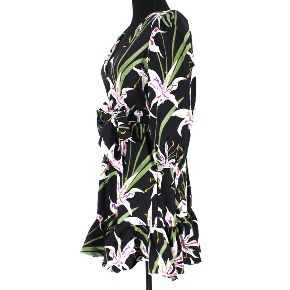 Borgo De Nor Anita Mini Dress Black Multicolor Lilly Print Ruffle Hem Belted 12 - Picture 5 of 9